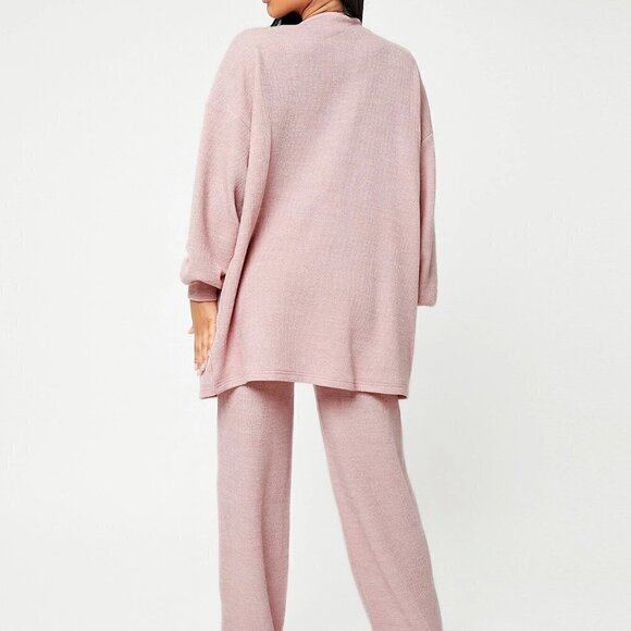 Pink Boho Womens Button Front Lantern Sleeve Coat & Tie Waist Pants Set - Picture 2 of 4